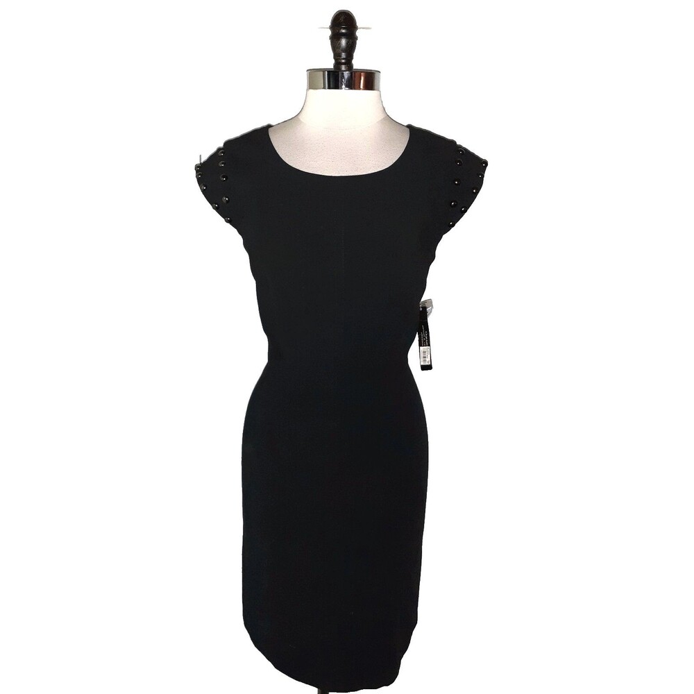 NEW TAHARI Size 16 Sheath Dress Black Cap Sleeve Stud Accents Knee Length